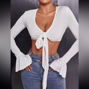 Flounce Sleeve Tie Front Crop Top